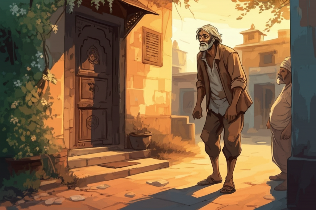 Watercolor illustration, late afternoon golden hour. A weary farmer with ragged, patched clothes stained with earth stands in front of the ornate, sun-drenched house of a plump and richly dressed money lender. The money lender’s house boasts intricately carved wooden doors and vibrant, blooming jasmine climbing its walls. The farmer, face etched with worry and sweat glistening on his brow, gestures with open, trembling hands in desperation. Long shadows stretch from the farmer and the house. The color palette is warm, with oranges and yellows dominating, but a somber gray clinging to the farmer. Texture: rough, woven mat outside the money lender’s door, contrasting with the smoothness of the farmer’s calloused hands.