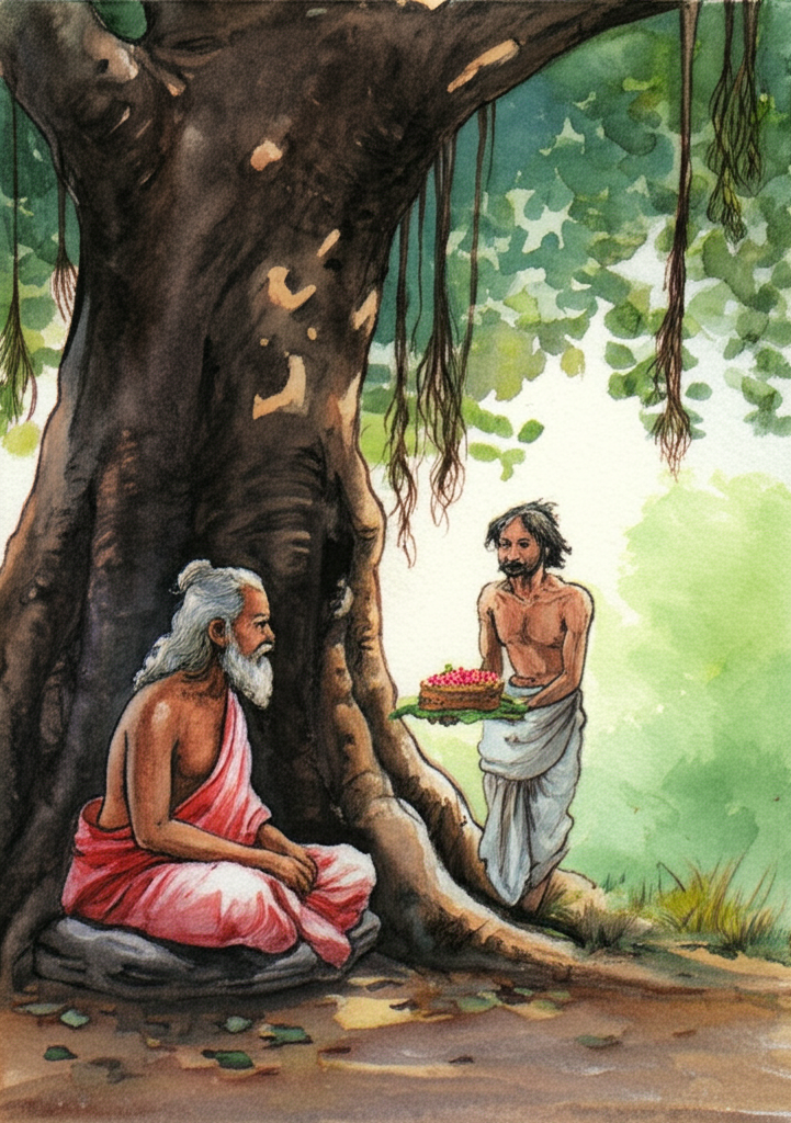 Watercolor illustration, mid-morning sun streaming through a banyan tree’s leaves, casting dappled shadows. A humble farmer, dressed in simple white cotton, offers a beautifully decorated cake with intricate icing roses to a wise Brahman seated serenely beneath the ancient banyan. The Brahman, adorned in saffron robes, accepts the cake without looking at the farmer, his eyes closed in meditation, a faint smile playing on his lips. The cake sits on a woven leaf platter. Color palette: Greens and browns dominate with pops of vibrant pink and red from the icing. Texture: rough bark of the banyan tree, the soft texture of the cake, and the crispness of the farmer’s cotton clothing.