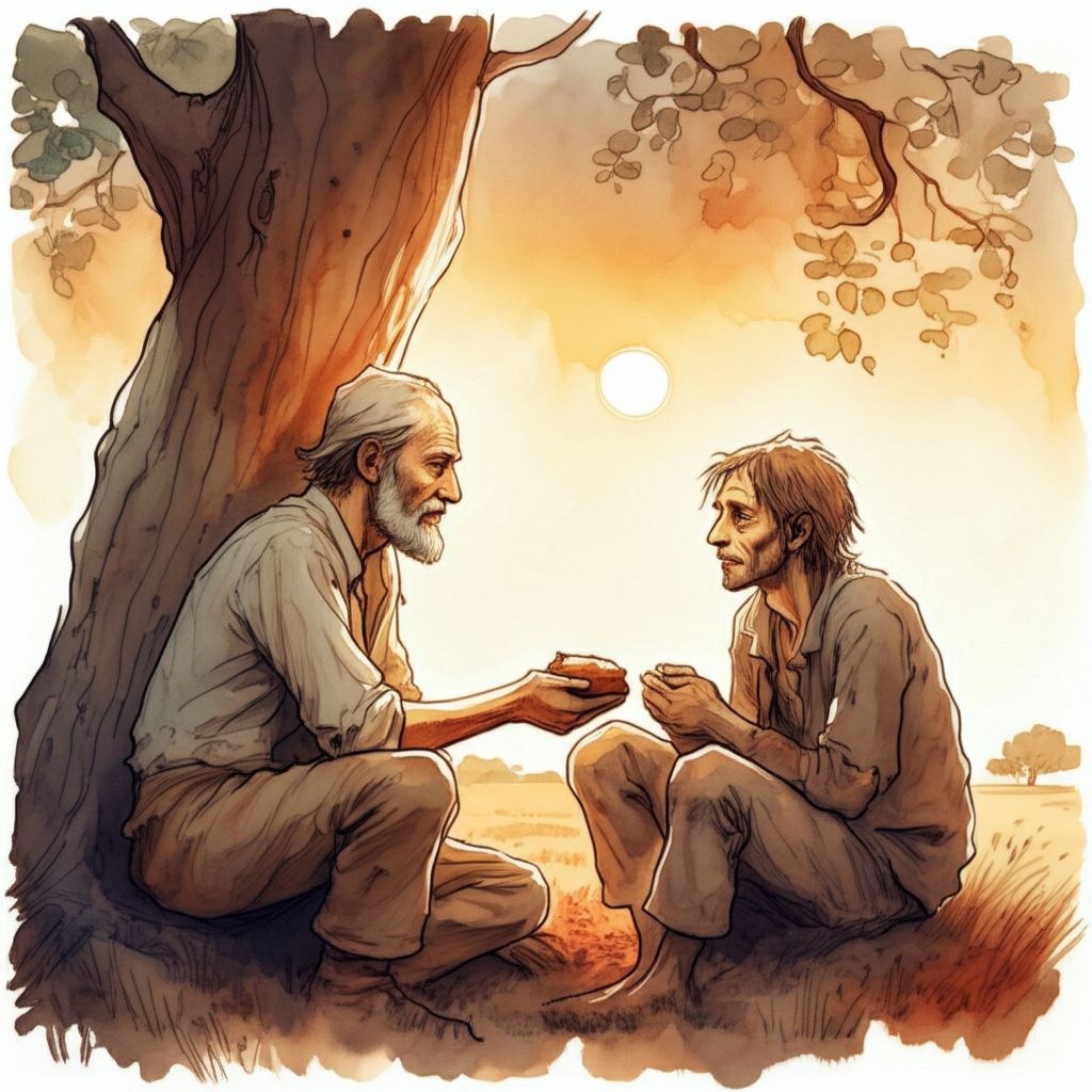 Watercolor illustration, setting sun, casting a warm, orange glow. A kind farmer, his face etched with lines of hardship but eyes full of compassion, shares his last cake with a thin, ragged, and hungry man sitting under a simple, gnarled tree. The farmer sits next to him, offering the cake with hopeful eyes and a gentle smile. The hungry man’s hands tremble as he accepts a piece. Color palette: Warm oranges, reds, and browns create a sense of intimacy and empathy. Texture: the rough texture of the bark on the tree, the crumbly texture of the cake, the threadbare fabric of the hungry man’s clothes.