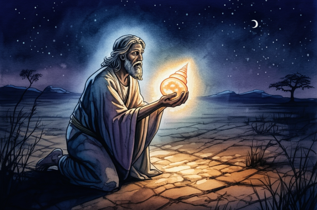 Watercolor illustration, magical realism. Moonlight illuminating a barren field. The surprised farmer, eyes wide with awe, is kneeling before the poor man, who now radiates a divine, ethereal light. The light emanates from him, casting long, soft shadows. The poor man is revealed to be Ram, his skin glowing with a warm luminescence, holding out a shimmering conch shell to the farmer. The conch shell swirls with iridescent colors. Color Palette: Deep blues, purples, and silvers create a sense of mystery and divinity. Texture: dry, cracked earth beneath the farmer’s knees, the smooth, pearlescent surface of the conch shell.