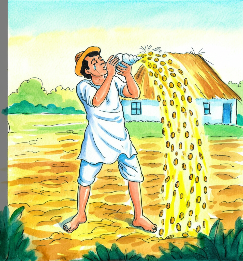 Watercolor illustration, bright daylight. The joyful farmer, tears of happiness welling in his eyes, blows the shimmering conch shell in his humble field. A small shower of gold coins erupts from the shell, glittering in the sunlight. He looks upon them with delight, his face beaming with gratitude. His simple house, with a thatched roof and whitewashed walls, stands in the background, a small wisp of smoke curling from the chimney. Color palette: vibrant yellows, golds, and greens create a sense of joy and prosperity. Texture: rough straw of the thatched roof, the smooth surface of the gold coins, the dry earth of the field.