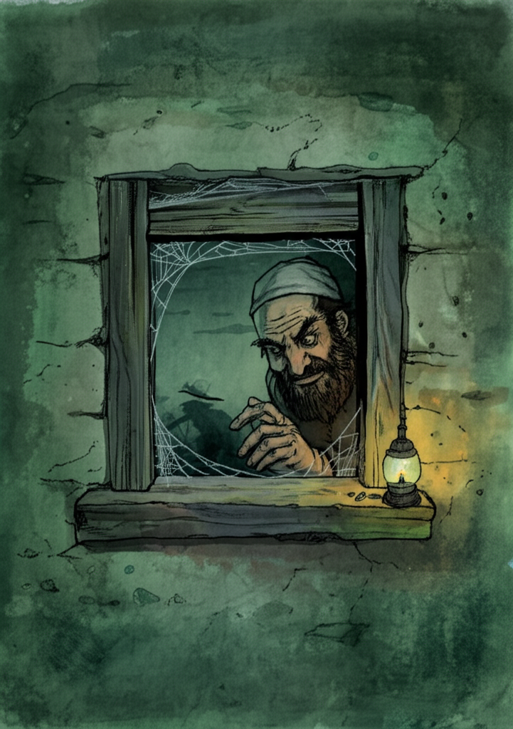 Watercolor illustration, dusk. The money lender, his face sly and greedy, with narrow eyes and a cruel smirk, peers through a window at the farmer. The window is dirty and cobweb-filled. The farmer is oblivious, tending to his crops with a hoe. The money lender is plotting to steal the conch shell, his fingers steepled in anticipation. Light from an oil lamp illuminates the money lender’s face. Color palette: dark greens, browns, and grays create a sense of suspense and foreboding. Texture: the rough glass of the window pane, the worn wooden frame, the damp stone wall surrounding the window.