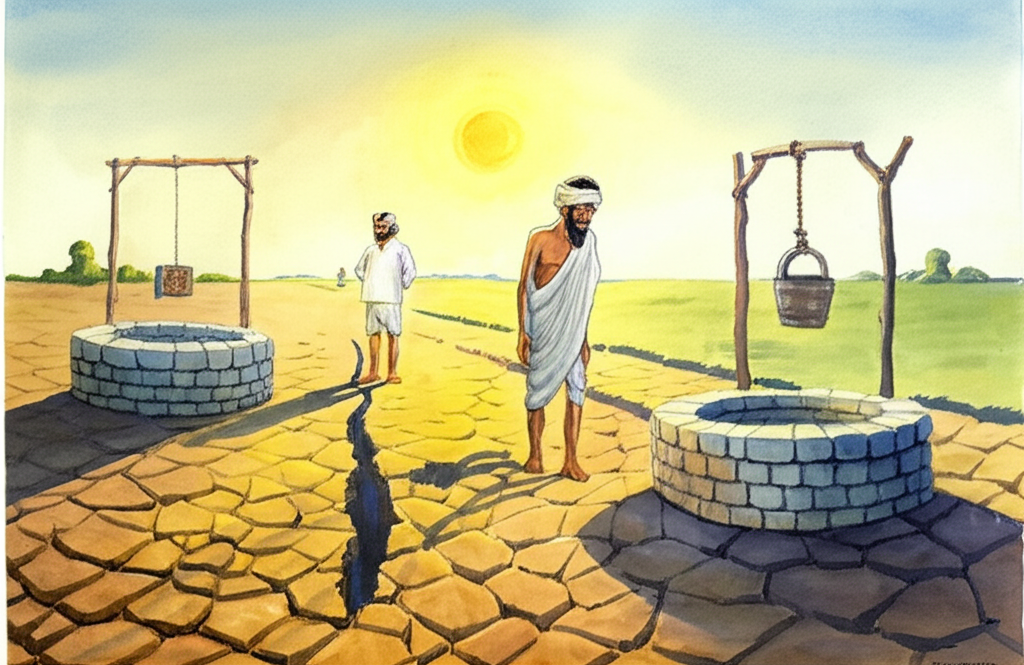 Watercolor illustration, midday sun beating down on a dry, cracked field. The farmer stands beside a newly formed well, its stones rough-hewn, looking forlorn and defeated. His shoulders are slumped and his head is bowed. The well is mostly dry, with only a trickle of water. In the background, the money lender stands proudly beside two identical wells on his lush, green property, overflowing with water. He is smirking. Color palette: dry yellows, browns, and grays dominate, highlighting the desolation, contrasting with the vibrant greens of the money lender’s property. Texture: the dry, cracked earth, the rough stones of the well, the smooth surface of the money lender’s manicured lawn.