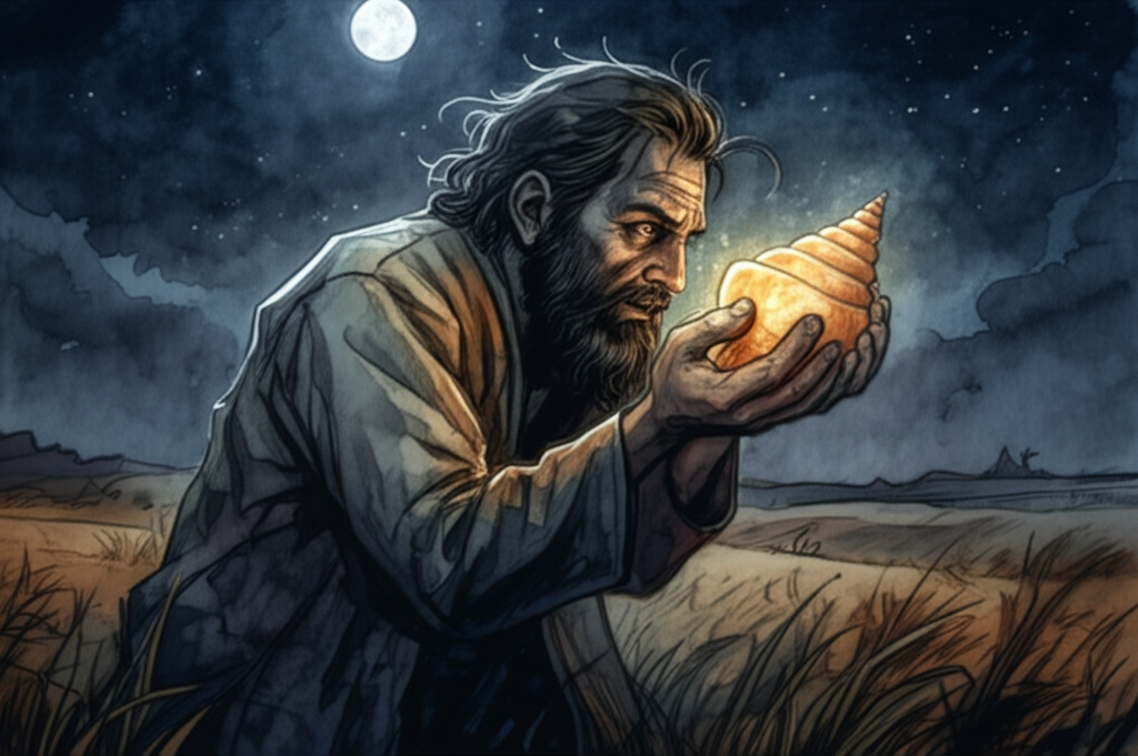 Watercolor illustration, moonlit night. The farmer holds the conch shell with a determined and slightly crazed expression, his eyes fixed on the shell with manic intensity as he prepares to make his final wish. The landscape is barren and dry, illuminated by the cold light of the moon. His hair is wild and unkempt. The conch glows faintly. Color palette: Deep blues, purples, and grays create a sense of desperation and madness. Texture: The smooth, cold surface of the conch against the farmer’s trembling hands, the dry, brittle texture of the barren earth, the wind-swept dust swirling around his feet.