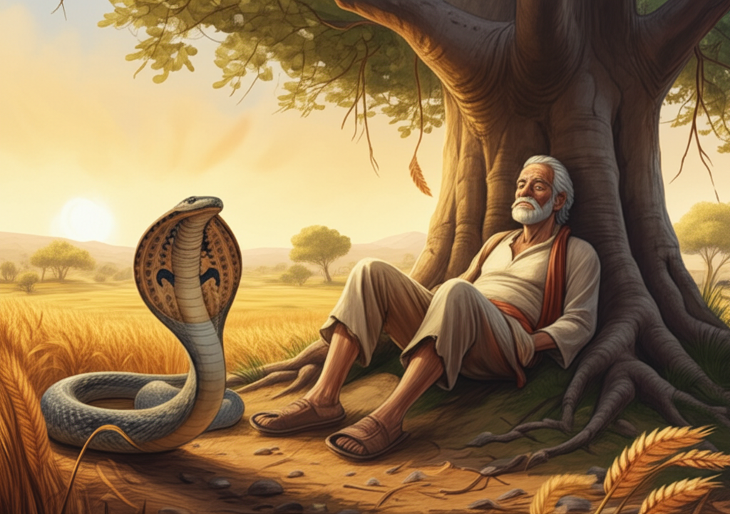 Watercolor illustration of Haridatta, a weary farmer in his late 50s, with a deeply lined, sun-kissed brown face etched with years of labor and worry. He wears simple, patched brown homespun clothing. He’s napping fitfully under the sprawling, gnarled branches of a colossal banyan tree in a golden wheat field, the wheat swaying gently in the breeze. The late afternoon sun casts long, dappled shadows across the field. A large, imposing cobra with scales that shimmer with subtle iridescence and a proudly raised hood is emerging from a small, crumbling earthen mound near the tree roots. The mound is covered in dry, cracked earth and scattered pebbles. The air is thick with the scent of dry grass and warm earth. Color palette is warm golds, browns, and greens, creating a feeling of peaceful weariness.