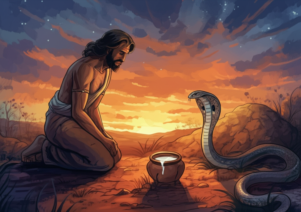 Watercolor illustration of Haridatta, his knees grounded in the dusty soil, offering a cracked earthenware bowl of creamy milk to the cobra near the earthen mound. Haridatta is kneeling respectfully, his calloused hands clasped in supplication, his brow furrowed with a mix of hope and fear. The cobra is partially visible, its sleek, dark scales catching the fading light, its head slightly raised and tilted inquisitively towards the milk. The scene is set at dusk, the sky ablaze with hues of orange, purple, and deep indigo. Soft, warm light emanates from the setting sun, casting long, dramatic shadows. The air is still and quiet, broken only by the chirping of crickets. Small wildflowers dot the base of the earthen mound. The bowl itself is chipped and stained, showing signs of age and use. Color palette is warm oranges, purples, and deep blues, creating a mystical atmosphere.