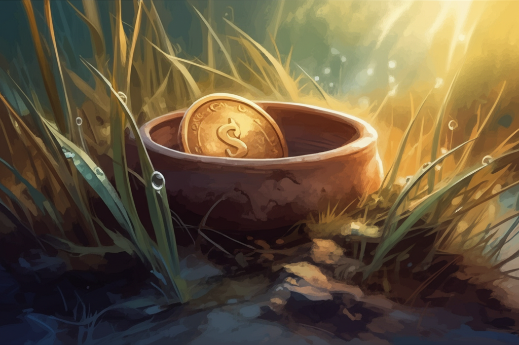 Watercolor illustration depicting a single, gleaming gold coin, worn smooth with age and use, nestled inside a small, rough-hewn earthenware bowl. The bowl is sitting near the base of the earthen mound, partially obscured by long blades of grass. Dewdrops cling to the grass blades, sparkling like tiny diamonds. The early morning light casts a gentle, ethereal glow on the scene. The texture of the clay is visible in the bowl, rough and uneven. The gold coin reflects the warm light, creating a luminous effect. Color palette is cool blues, greens, and warm golds, evoking a sense of mystery and quiet prosperity.