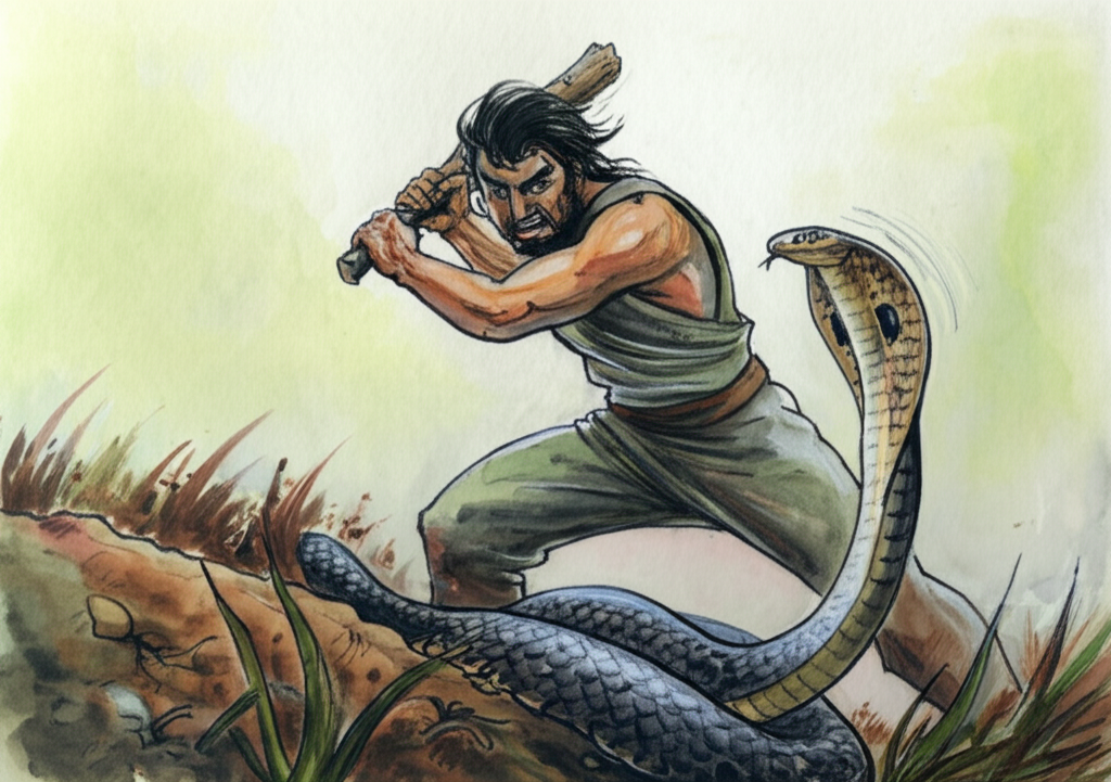 Watercolor illustration of Haridatta’s son, a young man in his early 20s with a face mirroring his father’s but hardened with youthful impatience, striking the cobra on the head with a thick, roughly-hewn wooden stick. The cobra is recoiling in anger, its hood flared in a menacing display, its eyes gleaming with fury. The background is a close-up of the earthen mound and surrounding grass, showing the disturbed earth and trampled vegetation. The son’s face is contorted with fear and aggression, his grip tight on the stick. The air crackles with tension. Color palette is muted greens, browns, and reds, conveying a feeling of violence and betrayal.