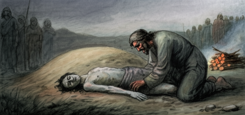Watercolor illustration of Haridatta grieving over his son’s lifeless body. The son is lying on the ground near the earthen mound, his face pale and still. Haridatta is kneeling beside him, his head bowed in unbearable sorrow, his shoulders shaking with silent sobs. His weathered hands clutch at his son’s lifeless hand. Villagers stand in the background around a small funeral pyre, their faces etched with sadness and pity. The pyre is made of stacked wood, smoke curling into the overcast sky. The colors are muted and somber, emphasizing the grief and loss. There are tears on Haridatta’s face, reflecting the light like tiny jewels. Color palette is somber grays, browns, and muted blues, evoking a feeling of deep sorrow and loss.