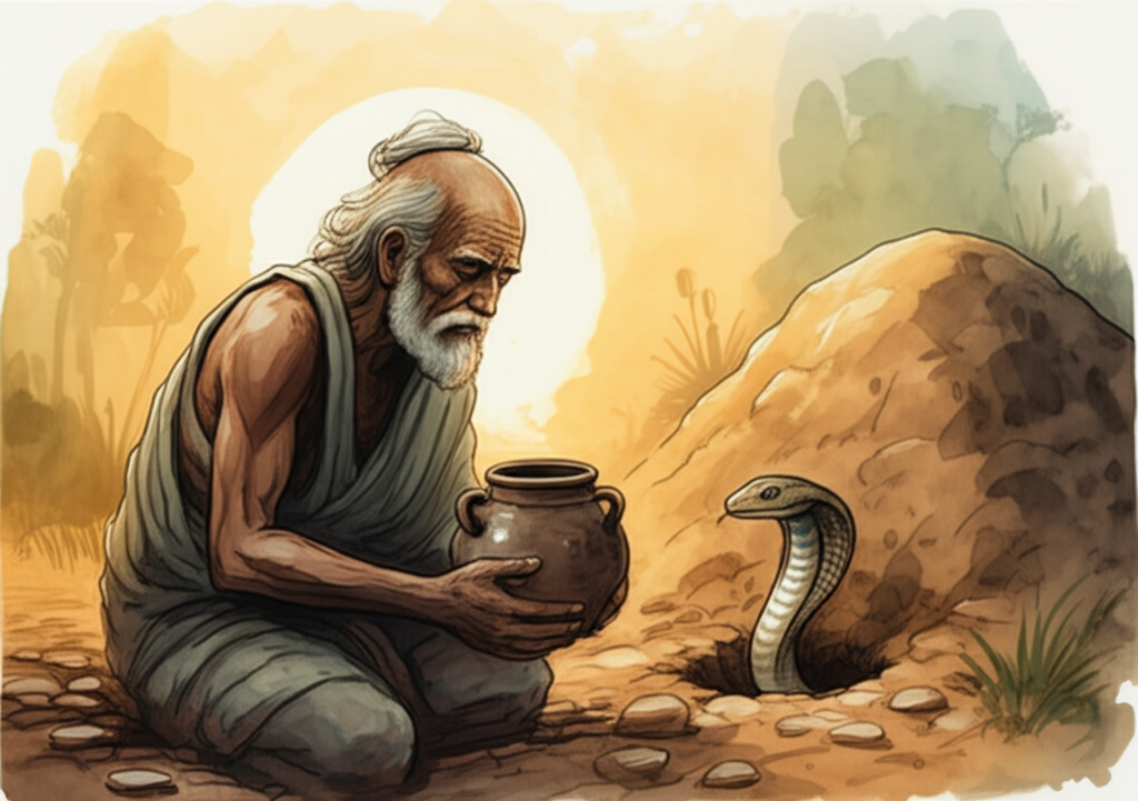 Watercolor illustration of Haridatta offering milk to the cobra near the earthen mound again. He appears older and more stooped, his face deeply lined with sorrow and regret, his eyes clouded with grief. His clothes are slightly tattered and worn, reflecting his diminished circumstances. The cobra is peeking out hesitantly from the hole in the earthen mound, its expression cautious and wary. The scene is bathed in the soft, melancholic light of late afternoon. The air is heavy with unspoken remorse. Color palette is muted greens, browns, and somber oranges, conveying a feeling of repentance and hope.