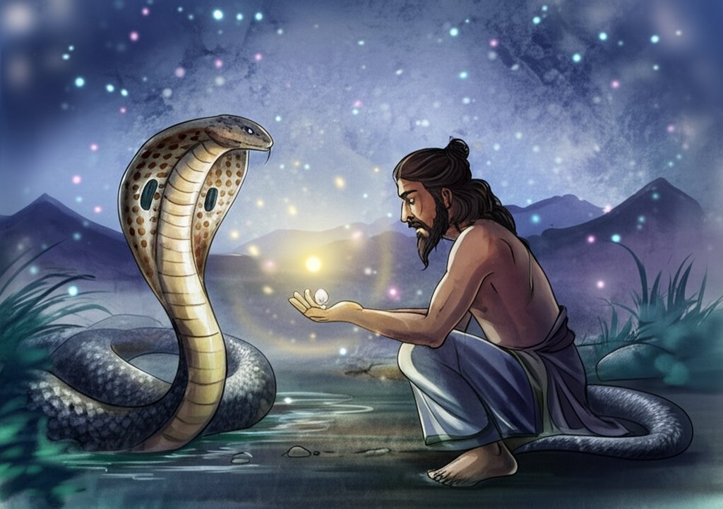 Watercolor illustration of the cobra presenting a single, luminous pearl to Haridatta. The pearl glows with an inner light, casting a soft, ethereal glow on Haridatta’s face. Haridatta is holding out his trembling hand, his expression a complex mixture of sadness, awe, and tentative hope. The cobra’s scales shimmer in the moonlight, its eyes gleaming with an almost understanding intelligence. The scene is bathed in a soft, ethereal glow, creating a sense of magic and redemption. The ground around them is damp with dew. Color palette is soft blues, greens, and shimmering whites, creating a magical atmosphere.