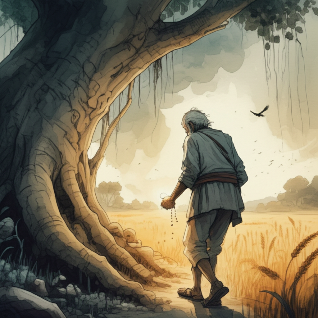 Watercolor illustration of Haridatta walking away from the earthen mound, clutching the luminous pearl tightly in his aged hand. His back is turned to the viewer, conveying a profound sense of loneliness, burden, and loss. His shoulders are slumped, and his steps are slow and hesitant. The banyan tree and golden field stretch behind him under a melancholic, overcast sky. The wind whispers through the wheat. The watercolor technique emphasizes the subtle variations in light and shadow, creating a sense of depth and atmosphere. The color palette is muted grays, greens, and blues, reflecting the melancholic mood. A single bird flies across the empty sky. Color palette is melancholic grays, blues, and muted greens, evoking a feeling of solitude and reflection.