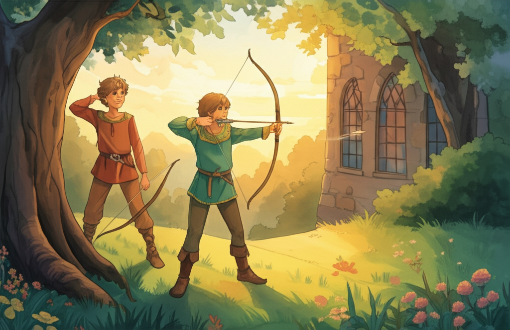Watercolor illustration of a young prince and his friend practicing archery in a lush green field at late afternoon. Golden sunlight casts long shadows, highlighting the prince’s focused expression as he aims an arrow. The prince wears a tunic of deep green with gold trim, while his friend, in a simple brown tunic, stands beside him, smiling and holding a polished wooden bow. An arrow streaks through the air towards a distant, multi-paned window of a nearby castle, leaving a faint blur trail. The lush grass is dotted with wildflowers in shades of yellow and purple. Texture is visible in the rough bark of a large oak tree framing the scene. The emotional tone is playful and hopeful, with a sense of youthful adventure.