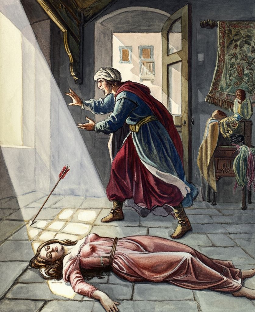 Watercolor illustration of a merchant discovering his wife lying on the cold, flagstone floor of her room at midday, near a window. Sunlight streams through the window, creating pools of light and shadow. An arrow, fletched with crimson feathers, is embedded in the worn wooden floorboards nearby, splintering the wood. The merchant, dressed in richly colored robes of deep blue and burgundy, looks distressed and is yelling out the open window towards the street below, his face contorted in anguish. His wife lies pale and still, dressed in a silk gown the color of faded roses. Details include scattered embroidery thread on a small sewing table and a half-finished tapestry hanging on the wall. The overall emotional tone is one of shock, grief, and impending tragedy.