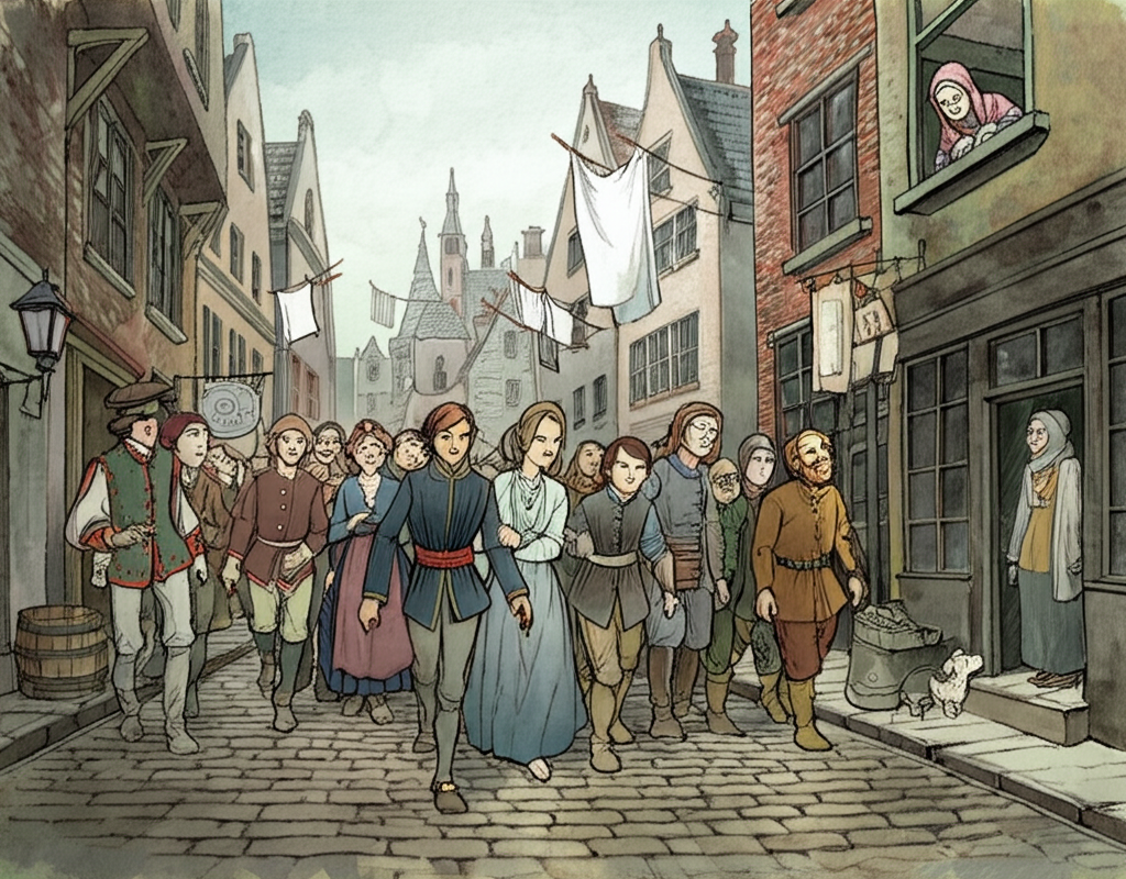 Watercolor illustration of all the men and boys in the city walking past the merchant’s house on a bright, overcast morning. The cobblestone street is damp from a recent rain, reflecting the muted colors of the surrounding buildings. The wife of the merchant is looking out of her arched window from above, watching the somber procession. Her face is pale and drawn, framed by dark hair. The prince and his friend are visible in the crowd, both wearing nondescript clothing to blend in. The prince’s face is etched with concern, while his friend looks downcast. Details include laundry hanging from upper windows, the textured brick of the houses, and the mournful expressions of the townsfolk. A dog barks softly in the distance. The emotional tone is somber and contemplative.