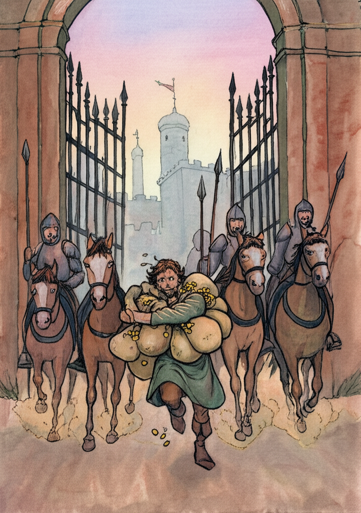 Watercolor illustration of the prince’s friend running towards soldiers escorting the prince out of the city gates at dawn. The sky is a pale wash of pink and grey. The friend, panting and sweating, is carrying four heavy bags of shiny gold coins on four weary horses. He is embracing the prince tightly, his face looking desperate and pleading. The prince, dressed in simple traveler’s clothes, looks resigned but grateful. The soldiers wear stern expressions and carry spears with gleaming metal tips. The city gates are massive and wooden, reinforced with iron bands. Details include dust kicking up from the horses’ hooves and the weariness etched on the animals’ faces. The emotional tone is one of urgency, desperation, and bittersweet farewell.