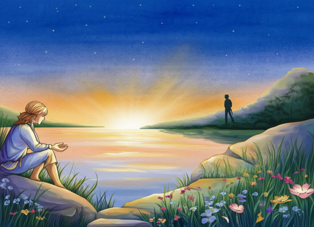 Watercolor illustration of the prince sitting by a serene, flower-filled lake at twilight, cupping cool water in his hands. The setting sun casts a warm, golden glow across the water’s surface, creating shimmering highlights. He sees a reflection of a fairy in the water, a shimmering, ethereal figure with iridescent wings, looking surprised and amazed. The fairy’s hair is like spun moonlight. The friend is approaching from afar, his figure silhouetted against the darkening sky. The lake is surrounded by lush greenery and wildflowers in vibrant hues of pink, blue, and yellow. Details include ripples on the water’s surface, the delicate petals of the flowers, and the rough texture of the rocks by the shore. The emotional tone is one of wonder, tranquility, and quiet anticipation.