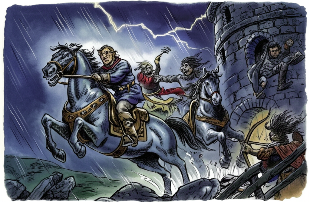 Watercolor illustration of the prince and his friend escaping the robbers’ tower on horseback during a stormy night. Lightning illuminates the scene, casting dramatic shadows. The ugly woman robber, her face twisted with fury, is behind the prince, attempting to grab him. Other robbers are shooting arrows at them from the crumbling stone tower, the arrows leaving streaks of light in the dark sky. The horses are galloping wildly, their manes and tails flying in the wind. Rain lashes down, blurring the details of the background. Details include broken stone, flickering torchlight, and the coarse texture of the robbers’ clothing. The emotional tone is one of danger, fear, and desperate escape.