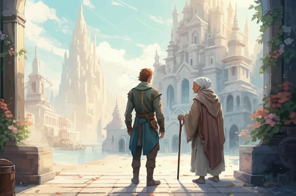 Watercolor illustration of the prince and his friend standing before the Ivory City at midday, bathed in warm sunlight. The city features incredibly detailed architecture, with soaring spires, intricate carvings, and gleaming white buildings made of smooth, polished stone. An old woman, her face wrinkled with age and wisdom, is approaching them with a questioning look, her hand outstretched. She wears simple robes of muted grey and carries a wooden staff. The sky is a clear, azure blue. Details include intricate window designs, flowering vines climbing the walls, and the distant sounds of bustling city life. The emotional tone is one of anticipation, hope, and cautious curiosity.