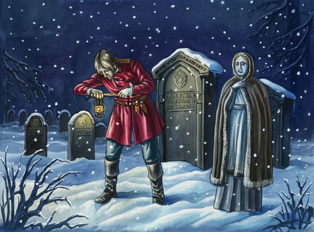 Watercolor illustration of the prince in the graveyard at night, pretending to cry, with snow gently falling in his eyes. The light of a single, flickering lantern casts long, eerie shadows across the snow-covered tombstones. He is holding a heated shovel, its metal glowing faintly red. The princess Gulizar stands beside him, her face pale and sad, illuminated by the lantern light. She wears a heavy cloak and her eyes are brimming with tears. There is a weathered tombstone visible behind them, inscribed with faded lettering. Details include the intricate carvings on the tombstones, the delicate snowflakes falling from the sky, and the frosted branches of a nearby pine tree. The emotional tone is one of sorrow, deception, and calculated manipulation.