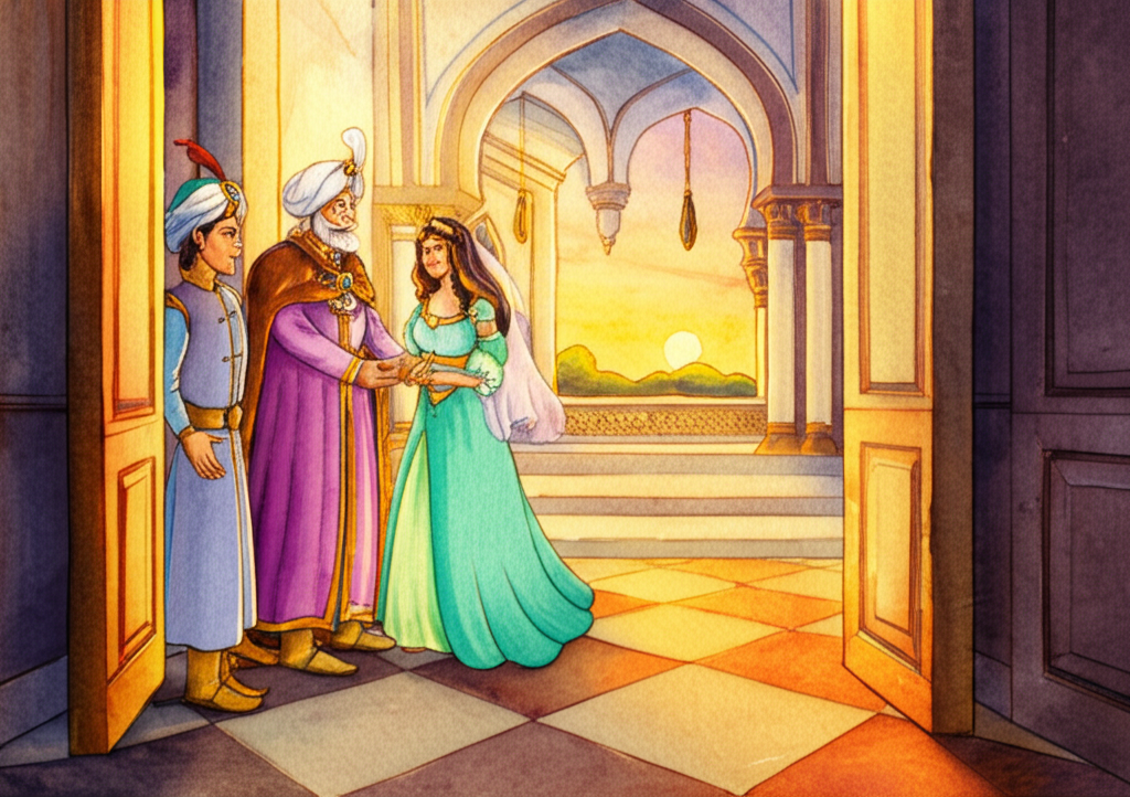 Watercolor illustration of the prince and his friend being warmly welcomed by Gulizar’s father, the king, at the palace in Ivory City at sunset. The palace is opulent and grand, with soaring arches, intricate mosaics, and polished marble floors. The golden light of the setting sun streams through the open doors, illuminating the scene. The prince is holding Gulizar’s hand, his expression sincere and loving, while the friend stands slightly behind them, a respectful smile on his face. The king, dressed in regal robes of deep purple and gold, extends his hand in welcome. Details include tapestries depicting scenes of royal life, elaborate chandeliers hanging from the ceiling, and the rich textures of the king’s garments. The emotional tone is one of happiness, acceptance, and the promise of a bright future.