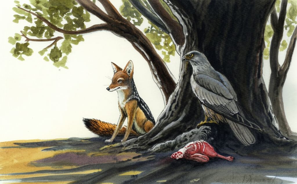 A watercolor illustration of a sly jackal and a thoughtful kite sharing a gnarled, ancient tree. The jackal, its fur a mottled mix of browns and tans, sits at the base of the trunk, casting a long, distorted shadow in the late afternoon sun. Its yellow eyes gleam with cunning as it glances upward. The kite, with plumage of soft greys and whites, perches atop the highest branch, feathers ruffled by a gentle breeze. Its expression is contemplative, its dark eyes scanning the horizon. A small, partially eaten animal carcass, rendered in muted browns and reds, lies half-hidden among the tangled roots near the tree’s base, partially obscured by deep shadows. Sunlight filters through the leaves, creating dappled patterns on the ground. The overall tone is suspenseful and mysterious, painted with delicate washes of watercolor and subtle textural details.