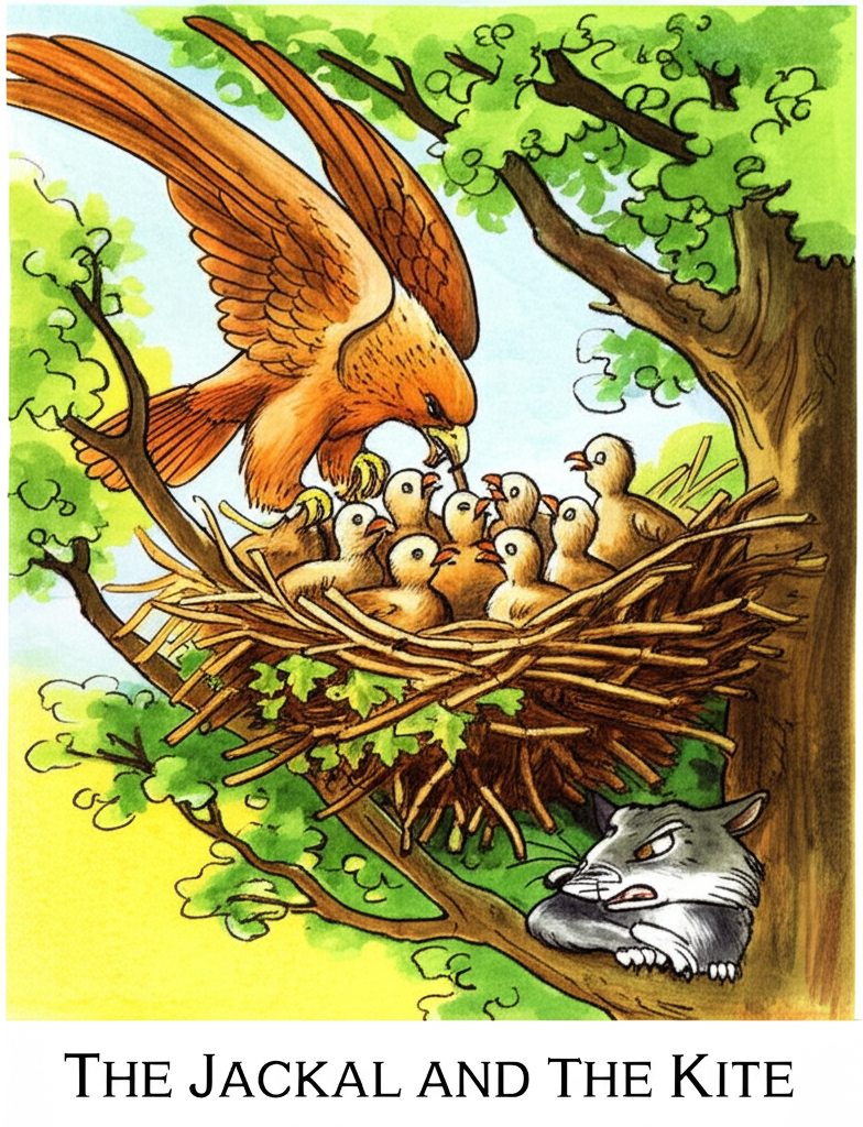 A watercolor illustration of a loving kite meticulously feeding her seven small kite chicks in a cozy nest high in the leafy canopy of a vibrant green tree. The nest, woven from twigs and leaves, is bathed in the golden light of the morning sun. The mother kite, her plumage a warm ochre, offers a juicy worm to one of her fluffy, down-covered chicks. Each chick has a unique expression, ranging from eager anticipation to sleepy contentment. Below, the jackal, its fur a dull grey, watches from the shadowed base of the tree, its face contorted in an envious and grumpy scowl. The sunlight streams through the leaves, creating a warm and inviting atmosphere. The color palette is vibrant and cheerful, emphasizing the warmth of the family bond.