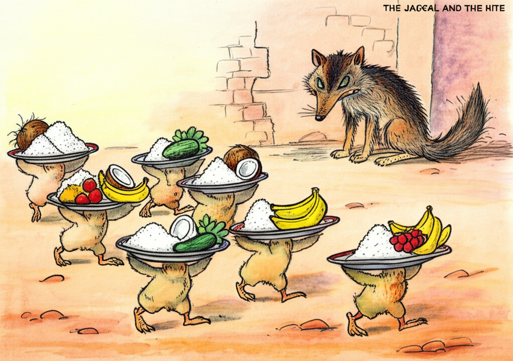 A watercolor illustration showing seven kite chicks, each carrying a hand-painted ceramic plate piled high with colorful fruits and vegetables (slices of juicy coconut, bright green cucumbers, fragrant yellow bananas, and mounds of steaming rice), waddling towards the leering jackal. The chicks’ expressions are hopeful and innocent, their tiny wings flapping with anticipation. The jackal sits in a patch of dry, cracked earth, her fur matted and dirty. Her eyes gleam with malice, reflected in the light of the midday sun. The background features a dilapidated mud wall, crumbling at the edges. The overall tone is unsettling and foreboding, despite the bright colors of the fruit and the seemingly innocent gesture of the chicks. The artistic style emphasizes the contrast between the innocence of the chicks and the sinister nature of the jackal.
