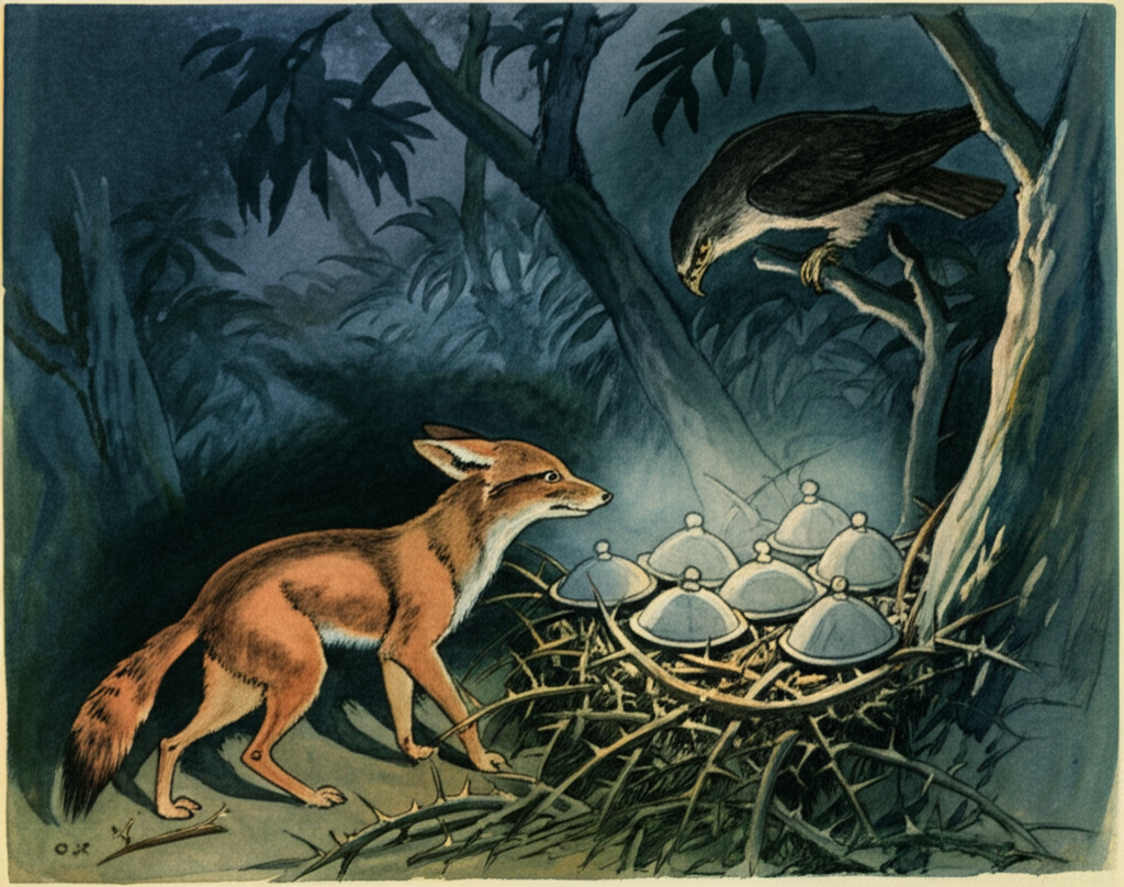 A watercolor illustration depicting the jackal presenting seven covered plates, crafted from roughly hewn wood, to the kite. The kite, her form partially obscured by shadows, looks down from her nest built amongst thorny branches, her expression worried and her eyes filled with suspicion. The scene is dimly lit, with only a sliver of moonlight piercing through the dense foliage. The background is dark and foreboding, filled with looming shadows and the suggestion of unseen dangers. The jackal’s posture is submissive, but her eyes retain a flicker of cunning. The covered plates emit a faint, unnatural glow. The color palette is muted and somber, creating a sense of unease and impending doom.