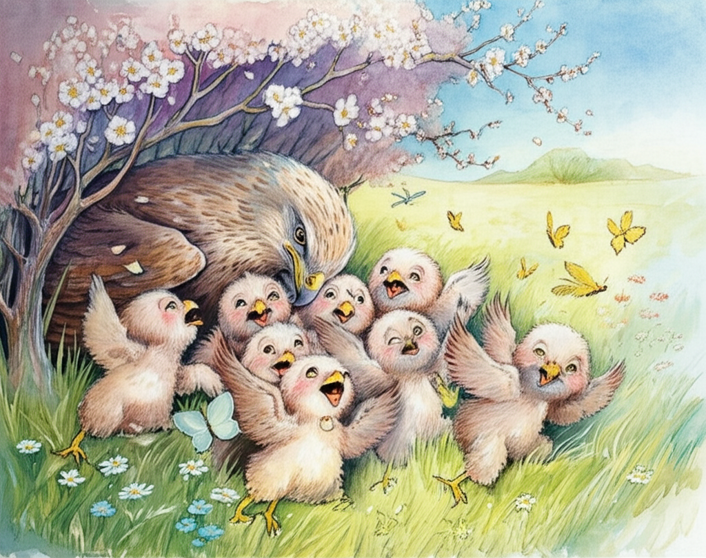 A watercolor illustration showing the seven kite chicks, healthy and happy, playing around their mother at the base of a blossoming apricot tree. The chicks are depicted with joyful expressions, chasing butterflies and playing with fallen petals. Light fills the scene, casting a warm, golden glow on everything. The mother kite watches over them with a loving gaze, her feathers shimmering in the sunlight. The background is a lush meadow filled with wildflowers. All the kites are smiling, their eyes bright with contentment. The overall tone is peaceful and idyllic, painted with soft, flowing watercolors and delicate details.