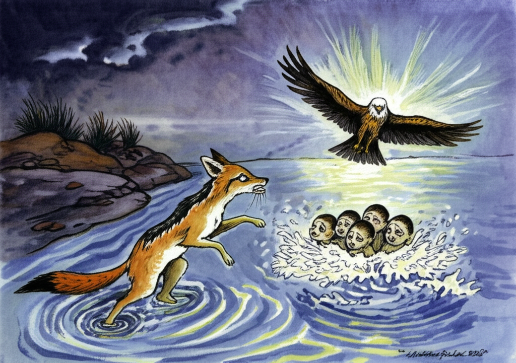 A watercolor illustration of the jackal throwing the seven kite chicks into a churning, dark river or lake under a stormy sky. The jackal’s face is twisted in a mask of desperation and cruelty. The kite watches from the rocky shore, her expression is surprisingly neutral, almost serene, showing a profound faith that transcends understanding. A divine glow surrounds the children in the turbulent water, illuminating their terrified faces. The water is painted in deep blues and purples, reflecting the stormy sky. The overall tone is tragic but also hopeful, suggesting a higher power at play. The painting emphasizes the stark contrast between the jackal’s dark actions and the kite’s unwavering faith.