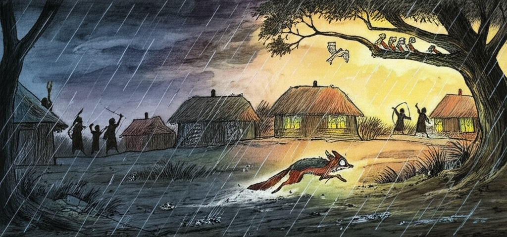 A watercolor illustration of the jackal, looking fearful and dejected, running away from a rural village under a dark and stormy sky, its fur matted and muddy. Rain lashes down, blurring the scene. People in the background, silhouetted against flickering torchlight, are aiming bows and arrows, their faces grim with anger. The kite and her seven children watch her departure from their ancient tree in the distance, wreathed in warm sunlight, the tree acting as a symbol of hope and resilience. The scene is divided into two distinct halves: the dark, stormy world of the jackal and the warm, sunlit sanctuary of the kite family. The watercolor style captures the intensity of the storm and the deep emotions of the characters, offering a sense of closure and justice.
