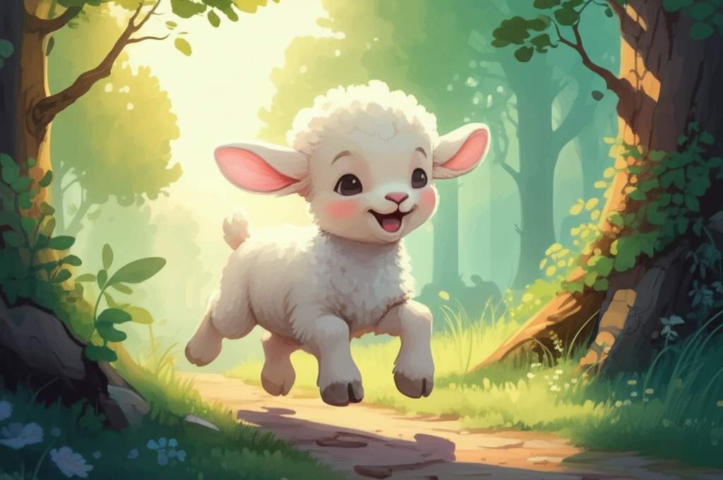 A tiny, fluffy white Lambikin with oversized, wobbly legs hopping happily along a grassy path bathed in the warm golden light of late afternoon. Sunlight dappled with long shadows dances through the leaves of towering oak trees in the background, creating a sense of whimsical joy. The Lambikin has a joyous expression on its face, its wool catching the sunlight and appearing almost translucent. Soft watercolor blending gives the impression of gentle movement. The grass is a vibrant green with subtle yellow undertones, and tiny wildflowers bloom along the edge of the path. The overall tone is cheerful and innocent.