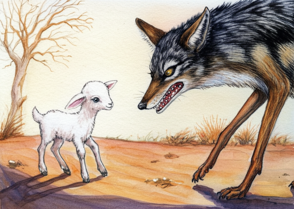 A watercolor image depicting the Lambikin encountering a sinister-looking Jackal on a dusty dirt path under a harsh midday sun. The Jackal, with matted fur and piercing yellow eyes, is leering down at the tiny Lambikin with an open mouth showing sharp teeth, casting a long, menacing shadow. The Lambikin looks slightly startled but maintains a confident stance, its tiny hooves firmly planted on the ground, a flicker of defiance in its bright blue eyes. The dirt path is dry and cracked, and the color palette is muted and slightly desaturated to create a sense of unease. A single withered tree stands barren in the background, adding to the ominous atmosphere.