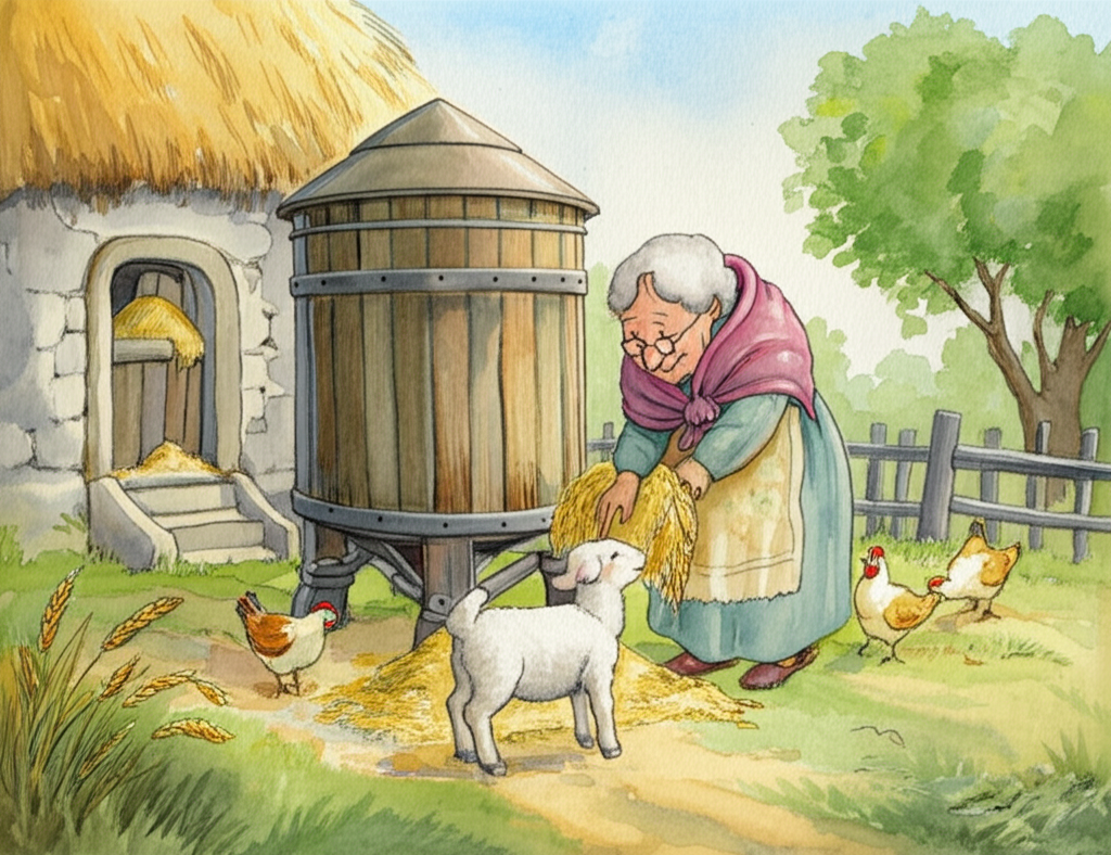 A watercolor image of Lambikin standing next to a weathered wooden grain bin overflowing with golden wheat at his Grandma’s cozy cottage, depicted in warm, inviting tones. The cottage is small and quaint, with a thatched roof and ivy climbing up the stone walls. His Grandma, a kind-looking sheep with gentle wrinkles around her eyes and a warm, woolly shawl, is smiling warmly at the Lambikin, her face radiating affection. The scene is bathed in the soft light of a sunny morning, casting gentle shadows across the yard. Chickens peck at the ground nearby, and the air is filled with the aroma of freshly baked bread. The grain bin is overflowing, suggesting abundance and generosity.