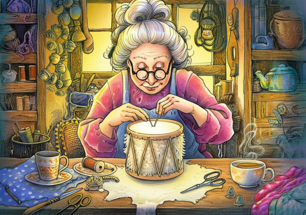 A watercolor depiction of Grandma Sheep carefully stitching together a small drum made from woolly skin in her cozy, cluttered workshop, illuminated by the soft glow of a warm lamplight. Tools and sewing supplies – spools of colorful thread, needles, thimbles, and scraps of fabric – are scattered around on a rough-hewn wooden workbench. Her spectacles are perched on her nose as she concentrates on her work, her brow furrowed slightly in concentration. The woolly skin of the drum is stretched taut and shows signs of wear, suggesting it has been loved and used before. A half-finished cup of tea sits steaming on a nearby table, and the overall feeling is one of warmth, creativity, and loving dedication.