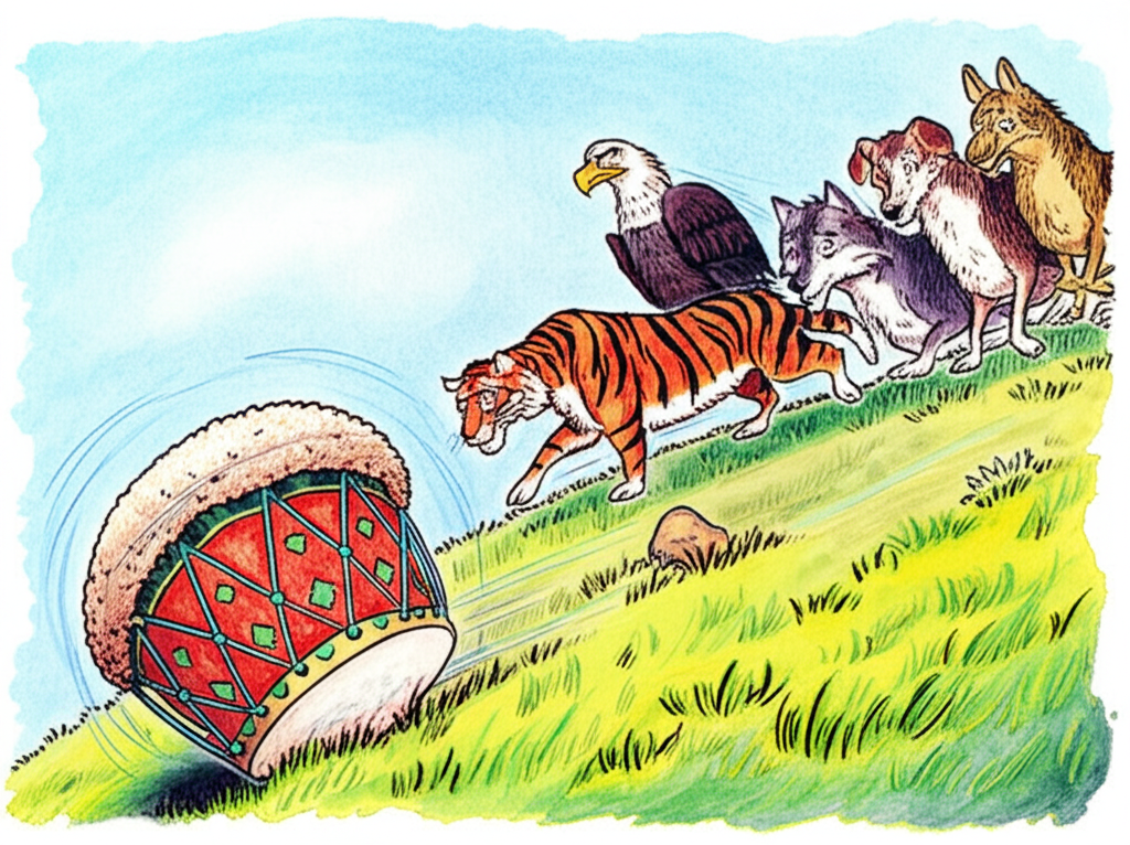 A watercolor illustration of a round drum covered in wool rolling down a lush, grassy hill under a bright, cloudless sky. The background features various disappointed-looking animals (Eagle with ruffled feathers, Wolf with drooped ears, Tiger with a dejected expression, Dog with a hang-dog look) gazing sadly at the drum as it passes them by, each rendered with distinct personalities and detailed textures. The drum is covered in whimsical patterns and is rolling quickly, kicking up tufts of grass. The colors are vibrant and cheerful, and the overall tone is lighthearted and comedic. The watercolor technique emphasizes the soft, fluffy texture of the wool.