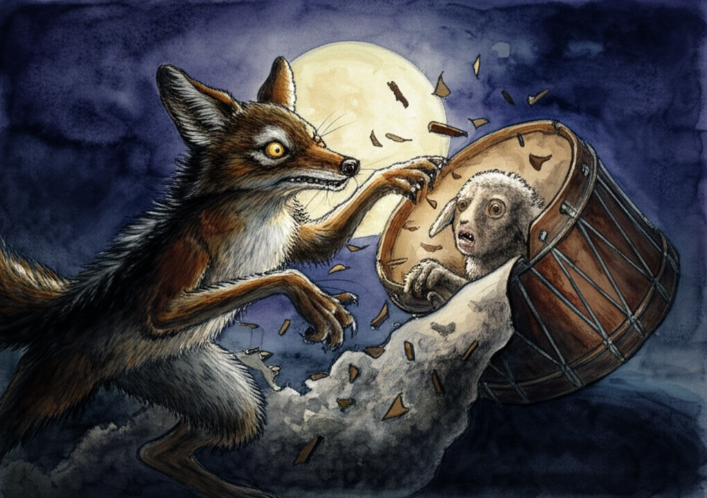 A watercolor scene of a Jackal, eyes wide with predatory glee, ripping open a small drum made of wool with its sharp claws under the pale light of a full moon. The mangled drum is bursting open, with scraps of wool and bits of wood scattered around, and a partially visible, terrified Lambikin is inside, huddled in a corner and trembling with fear. The colors are dark and muted, with shadows adding to the sense of danger and foreboding. The Jackal’s claws are rendered in sharp detail, and the overall effect is both unsettling and dramatic. The inside of the drum is dark and claustrophobic, highlighting the Lambikin’s vulnerability.