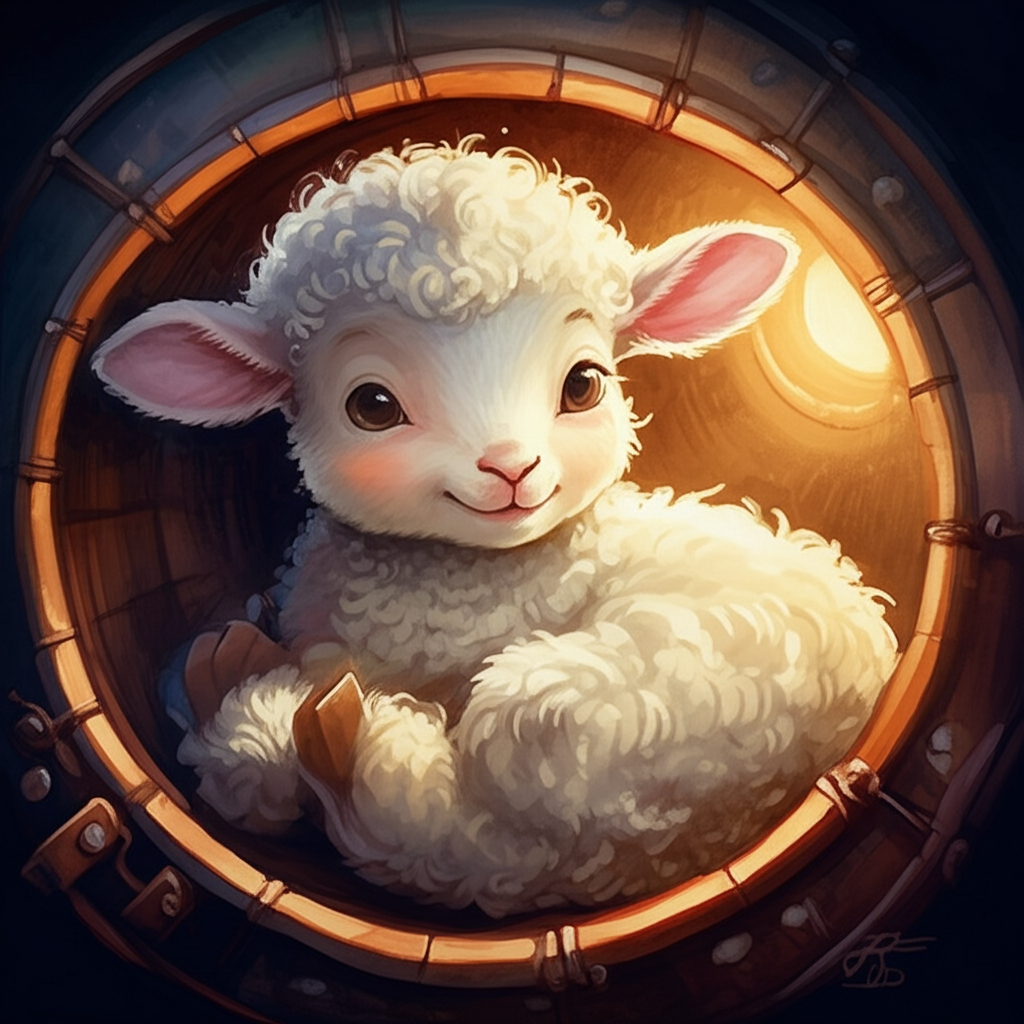 A close-up watercolor portrait of the Lambikin curled up inside the wool drum, looking smug and content, with a mischievous glint in its eye, lit by a single shaft of light filtering through a small hole. The inside of the drum is cozy and dimly lit, lined with soft wool and smelling faintly of lavender. The Lambikin’s wool is soft and fluffy, and his expression is one of playful cunning. The color palette is warm and inviting, creating a sense of security and comfort. The watercolor technique emphasizes the texture of the wool and the subtle details of the Lambikin’s face.