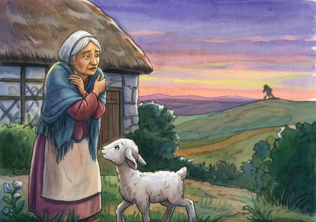 A watercolor image of Lambikin’s Grandma standing in front of her quaint cottage at dusk, her face etched with worry and concern as she watches a dark shadow (implying the Jackal) disappear over the rolling hills on the horizon. The sky is painted in shades of purple, orange, and pink, creating a dramatic and unsettling atmosphere. The cottage is bathed in the warm glow of the setting sun, but the overall feeling is one of impending danger. She clutches her shawl tightly around her, and her eyes are filled with a mixture of fear and determination. The watercolor technique emphasizes the textures of the stone cottage and the soft light of the fading day, creating a poignant and emotionally charged scene.