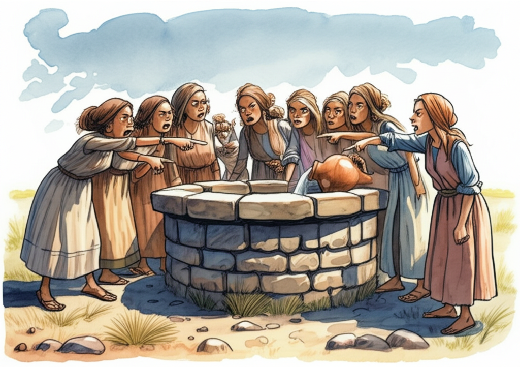 Watercolor illustration, midday sun casting sharp shadows, of seven women standing around a weathered stone well, their faces etched with accusatory glares. They point dramatically at a young woman with a cracked clay jar, water spilling from its side. A small, mischievous-looking Bonga, with large, iridescent eyes, lurks nearby, partially obscured by swaying reeds. The sky is a pale cerulean blue with soft, cumulus clouds, casting a dappled light on the scene. The watercolor style emphasizes soft blending, with visible brushstrokes suggesting the rough texture of the well stones and the woven fabric of the women’s clothes. The overall tone is tense and suspicious.