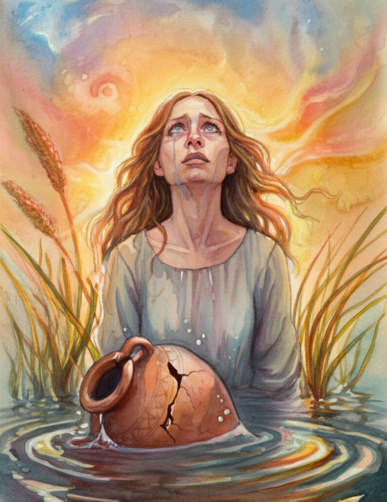 Watercolor illustration, warm sunset lighting painting the scene in golden hues, of a young woman standing in a pool of water rising to her waist. A partially submerged, intricately decorated clay jar floats nearby, its broken handle visible. She has a distressed expression, tears welling in her eyes, and is looking upwards with pleading. The water is crystal clear, but with swirling, magical-looking currents illuminated by the setting sun. Reeds and tall grasses, rendered with delicate watercolor washes, surround the pool. The atmosphere is ethereal and melancholic, the subtle color gradients enhancing the feeling of magic and impending doom.