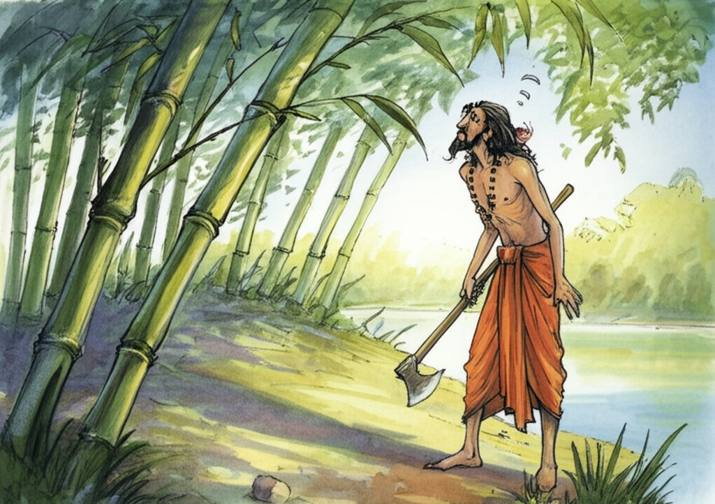 Watercolor illustration, morning light filtering through leaves casting dappled shadows, of a tall, slender bamboo plant growing near a muddy riverbank. A man with a well-worn axe, dressed as a Jogi in tattered saffron robes, stands looking up at it with a profoundly confused expression, his brow furrowed. He has long, matted hair and wears simple, patched clothes. The background shows a clear blue sky with a few fluffy, white clouds reflecting in the calm river water. The bamboo’s texture is finely detailed, showing the individual segments and subtle variations in color. The scene is peaceful yet unsettling, the vibrant green of the bamboo contrasting with the Jogi’s drab attire.