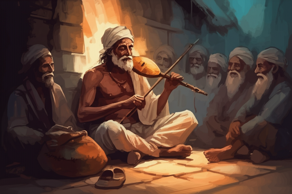 Watercolor illustration, soft, warm light from an unseen fire illuminating the scene, of a Jogi playing a bamboo fiddle. His eyes are closed and he has a peaceful, almost beatific expression. People surrounding him are smiling, their faces lit by the firelight, and listening attentively, their postures relaxed and appreciative. A small, patched bag of food sits near his worn leather sandals. The background is slightly blurred, suggesting the low-lit interior of a village hut. The watercolor technique emphasizes the flow of the music, with swirling washes of color emanating from the fiddle. The atmosphere is one of serenity and community.