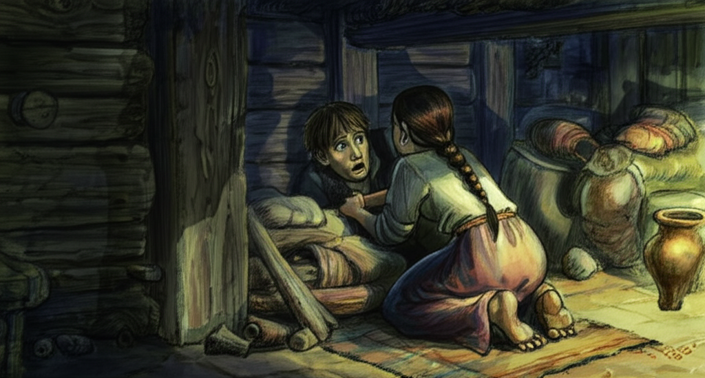 Watercolor illustration, dim light filtering through cracks in a wooden wall, casting long shadows, of a young man hiding behind a rough woodpile, his eyes wide with fear. He is peeking out at a young woman with braided hair and mixed features (human and Bonga), her back to him as she arranges food beneath a rough-hewn bed. The room is simple and rustic, with a dirt floor and a woven rug. A single clay lamp provides the only light. The watercolor style emphasizes the textures of the wood, the rough weave of the rug, and the woman’s delicate features. The scene is tense and secretive, filled with unspoken emotions.