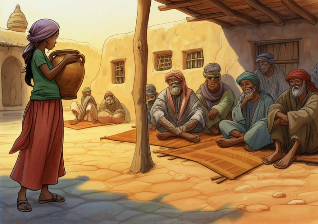 Watercolor illustration, warm afternoon light bathing the courtyard, of the Bonga girl serving water to seven weary-looking men who are sitting on woven mats in a courtyard. She has a calm, knowing expression, a hint of a smile playing on her lips, while the men appear tired and dusty from travel, their clothes creased and worn. The leader’s house is visible in the background, showcasing simple mud brick architecture with a thatched roof. Details include a dusty ground, cracked clay pots, and the texture of the woven mats. The air feels dry and still, the colors muted to reflect the desert environment. The overall tone is one of hospitality and resilience.