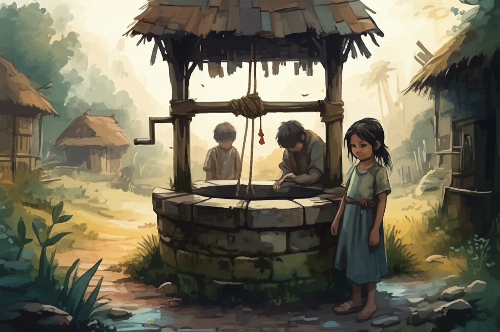 Watercolor illustration, subdued lighting under a gray sky, of the Bonga girl standing near a weathered stone well with her brothers, all the brothers look remorseful and somber, their heads bowed in shame. The Bonga girl has a stoic expression, her gaze distant and unwavering. The well is surrounded by lush vegetation, watered by hidden springs, and simple houses with thatched roofs in the background. The watercolor technique emphasizes the textures of the stone, the lushness of the vegetation, and the brothers’ dejected postures. The atmosphere is heavy with guilt and regret.