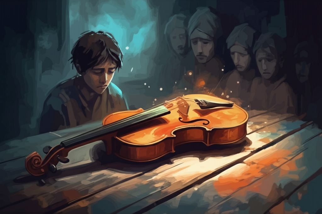 Watercolor illustration, soft, ethereal light emanating from the fiddle, creating a halo effect, of a fiddle, made of bamboo, resting on a weathered wooden table. It glows with a soft, ethereal light, the light reflecting off the polished wood of the table. In the background, blurred and desaturated, are the sad faces of her brothers listening to the music, their expressions filled with longing and remorse. The watercolor style is loose and flowing, with washes of color creating a sense of sadness and beauty. The scene is magical and melancholic, the music filling the air with unspoken emotions.