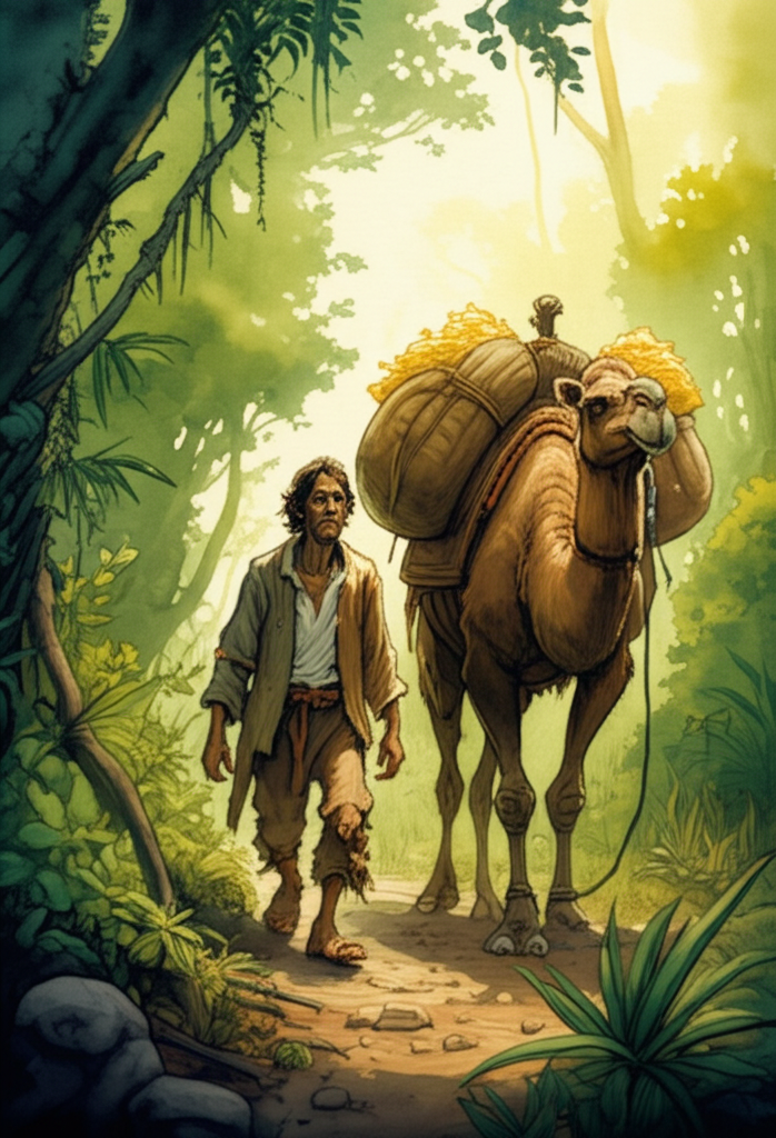 A poor man with ragged, patched clothes, his face etched with worry lines, walks through a lush, emerald green jungle under the dappled light of midday. Sunlight filters through the dense canopy, creating dancing shadows on the forest floor. A large, Bactrian camel with two overflowing bags of gleaming gold strapped to its back stands nearby, looking weary and dusty. The man’s tattered sandals are barely visible beneath the overgrown vegetation. Watercolor style, with soft blending and a palette dominated by greens and browns, accented by the warm yellow of the gold. Emphasize the contrast between the man’s worn appearance and the vibrant jungle.