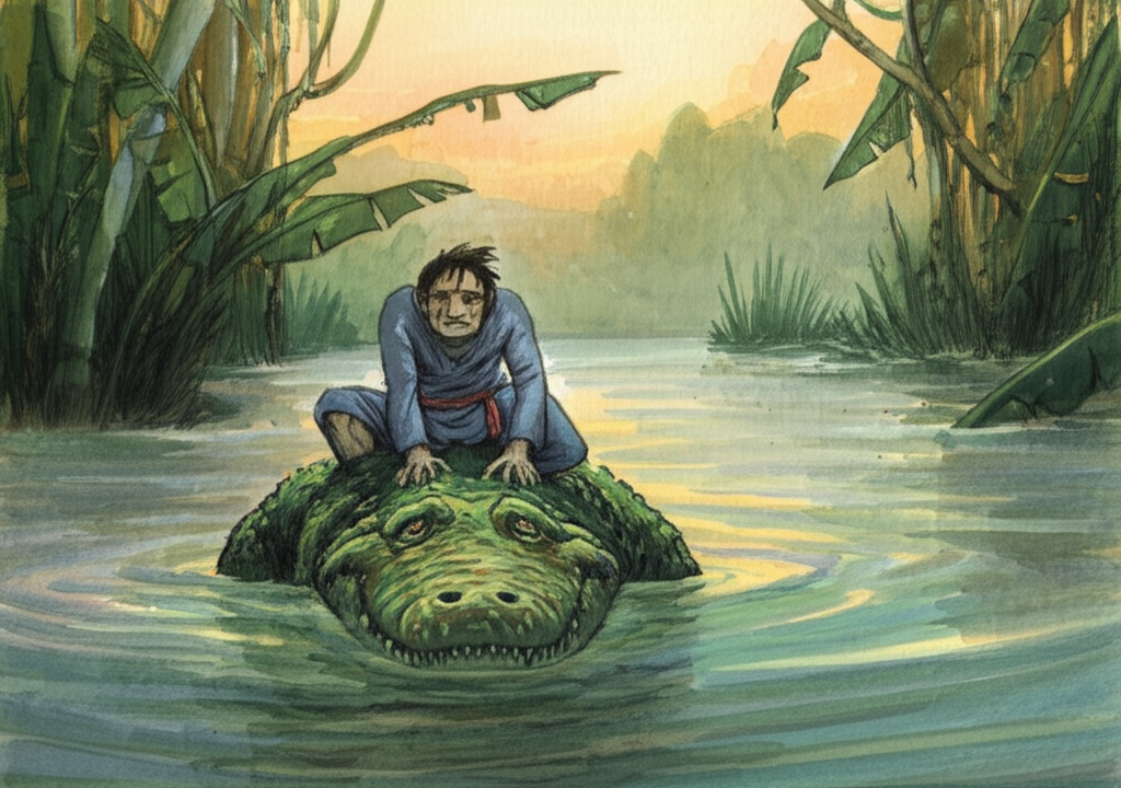 The poor man, now mid-journey, is being carried across a wide, murky river under the hazy light of early evening. The water reflects a somber grey-blue. He sits precariously on the back of a large, moss-covered, green alligator. The alligator has a pained expression, its leathery skin glistening with river water. Lush, tangled vegetation, painted in deep greens and browns, lines the riverbanks. The man grips the alligator’s scales tightly, his knuckles white. Watercolor style, focusing on cool tones and atmospheric perspective to create a sense of depth and unease.